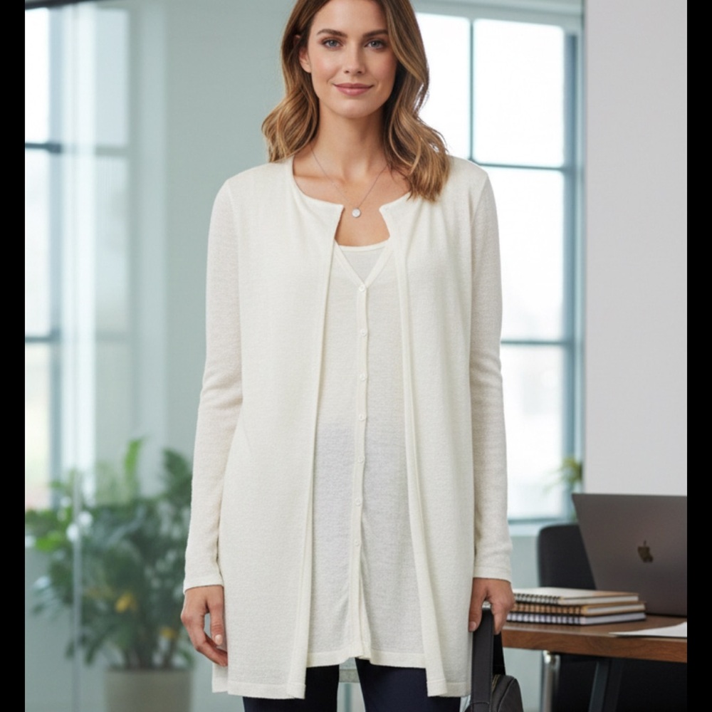 Elite TAHARI Linen Long Blouse Cardigan Translucent Cream Beach Neutrals Coastal